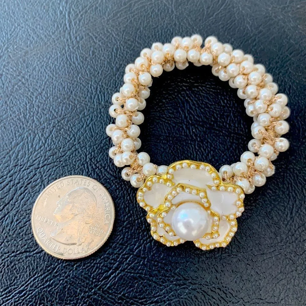 Camellia Flower Hair Tie with Faux Pearls – White Enamel & Golden Charm